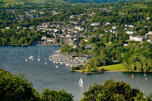 Windermere. Lake District National Park, Cumbria, England. N.E. Over Bowness On Windermere Boat Moorings From Above Far Sawrey
