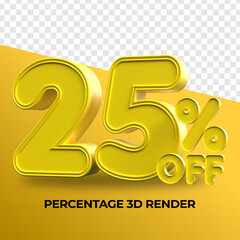 3D Render Percentage number 25% yellow color for sale discount, sale product, transparent, PNG