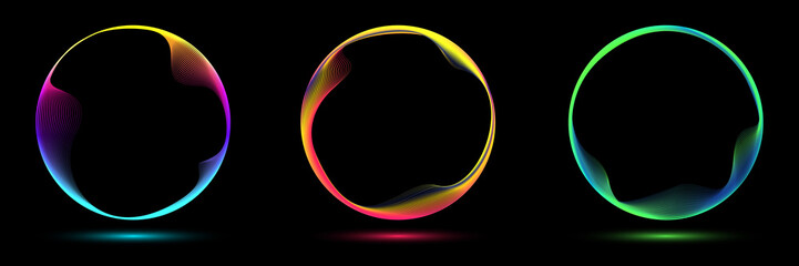 Wall Mural - Set of glowing neon color circles round curve shape with wavy dynamic lines