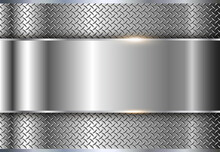 Silver Metallic Background, Shiny And Lustrous Metal Banner With Diamond Plate Texture, 3D Chrome Glossy Vector Illustration.