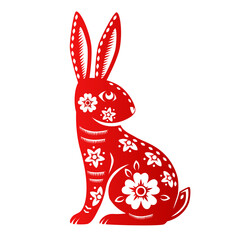 Poster - Zodiac sign, year of the Rabbit, with red paper cut art on white color background