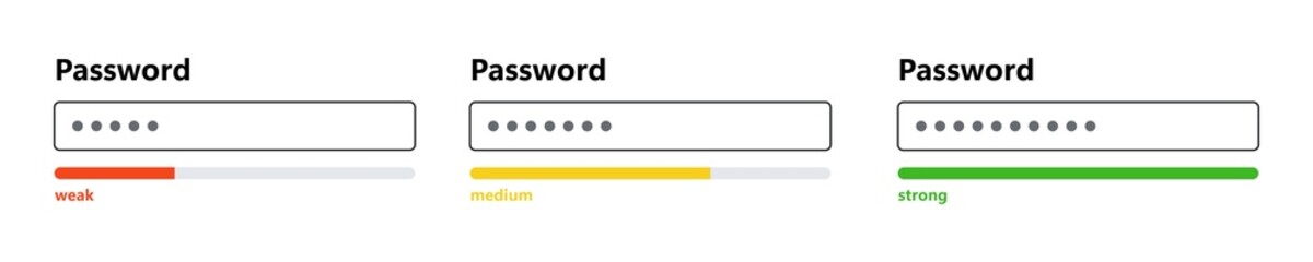 Password weak, medium and strong interface. Password form template for website. Digital security bar. Safety requirement. App design layout interface. Vector illustration isolated on white background.