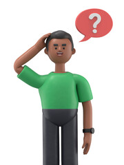 Wall Mural - 3D illustration of thinking african american man David scratching her head and looking at question mark in speech bubble. Cartoon pensive businesswoman scraping hair, feeling doubt or hesitating