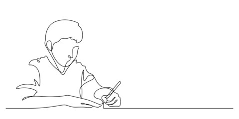 one line drawing of happiness boy student writing : back to school concept vector illustration