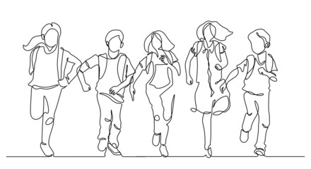 one line drawing of friends group enjoy school finish : back to school concept vector illustration