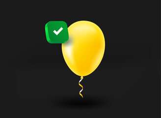 Aufkleber - Yellow air balloon with checkmark icon. 3d vector illustration
