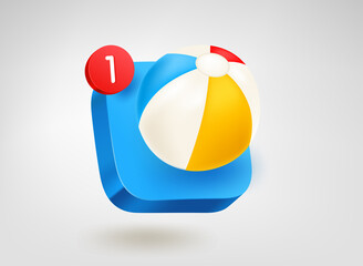 Poster - Beach ball. 3d vector mobile application icon with notification