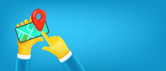Aufkleber - Man holding smartphone and using navigation app. 3d vector banner with copy space