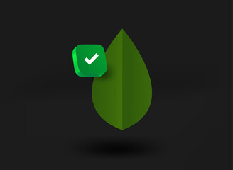 Poster - Green leaf with checkmark icon. 3d vector illustration