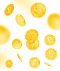 Poster - Golden coins falling down vector illustration with blur effect. 3d vector