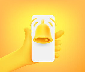Aufkleber - Cute comic hand with notification on smartphone. 3d vector illustration
