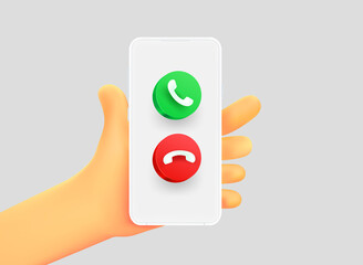 Poster - Hand holding smartphone with telephone call icons. 3d vector illustration