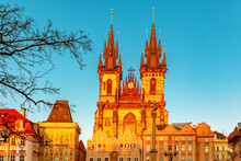 Church Of Our Lady Before Tyn On Old Town Square In Prague, Czech Republic, On Blue Sky Background