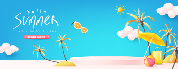 Wall Mural - summer sale banner template for promotion with product display cylindrical shape and beach backgroun