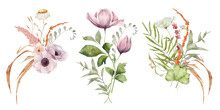 Wild Flowers Watercolor Bouquet Botanical Hand Drawn Illustration