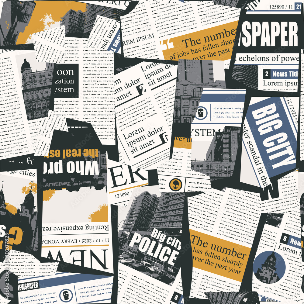 Seamless pattern with a collage of newspaper or magazine clippings. Retro  style vector background with titles, illustrations and imitation text.  Suitable for wallpaper design, wrapping paper, fabric Stock Vector | Adobe  Stock, image size:1000x1000