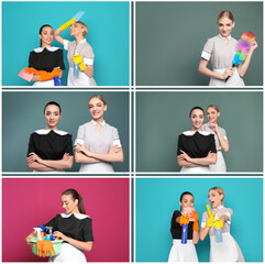 Sticker - Collage with portraits of chambermaids on different color backgrounds