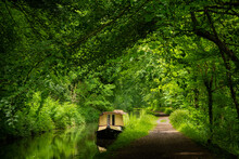 A Moored Barge Rests Peacefully On A Canal In The Beautiful Welsh Countryside. Lush Green Verdant Trees Grow In Abundance In The Pleasant Natural Surroundings Of The Brecon And Monmouth Canal