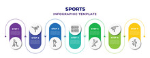 Sports Infographic Design Template With Hurling, Pencak Silat, Left Bend, Go Game, Volleyball, Tumbling, Wushu Icons. Can Be Used For Web, Banner, Info Graph.