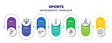 Sports Infographic Design Template With Boxing, Basketball Basket, Whistle, Foil, Canoe Sport, Rinkball, Gym Ball Icons. Can Be Used For Web, Banner, Info Graph.