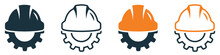 Set Of Helmet And Gear Icons. Workwear, Helmet Construction And Cogwheel. Safety And Protection, Engineer. Construction Helmet With Gear, Vector.