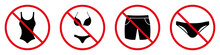 Nude Beach Summer Silhouette Sign Set. Forbidden Enter In Bikini Swimwear Short Trunks Two Piece Swimsuit Pictogram. Warning Women Men Underwear Red Stop Circle Symbol. Isolated Vector Illustration