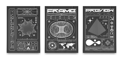 Wall Mural - posters with wireframe 3d torus, pyramids, and spheres with spikes. in techno style, prints for t-sh