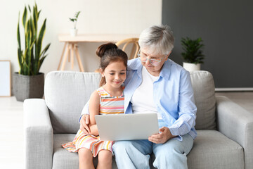 Sticker - Little girl with her grandma using laptop at home