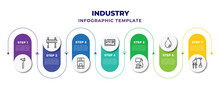 Industry Infographic Design Template With Construction Tool, Barrier, Hine Press, Controller, Fuel, Oil, Harbor Crane Icons. Can Be Used For Web, Banner, Info Graph.