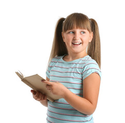 Poster - Little girl with ponytails holding book on white background