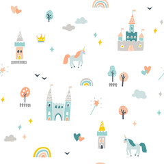 Poster - Cute fairytale pattern with castles and unicorns