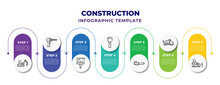 Construction Infographic Design Template With Excavator, Drill, Brush, Scraper, Chainsaw, Dump Truck, Road Construction Icons. Can Be Used For Web, Banner, Info Graph.