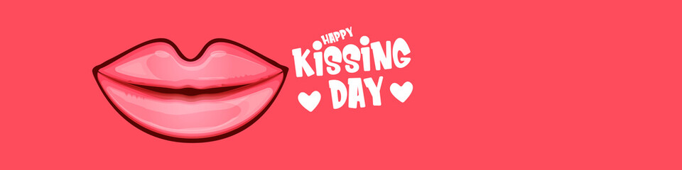 Happy kissing day horizontal banner with cartoon glossy red lips isolated on pink background. Kiss day vector concept illustration with sexy smiling woman mouth icon