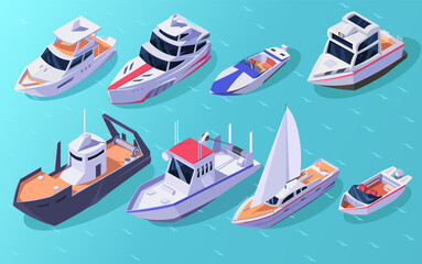 Set of yachts isometric icons. Types of travel ships. Luxury marine cruise boats. Yachting 3d vessel. Fishing sea cruise collection. Tourism water transport for river or lake. Vector illustration