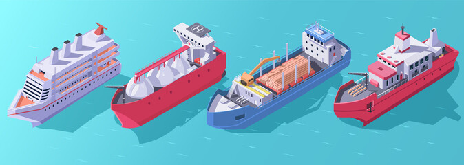 Ocean cargo transport ships isometric. Sea vessel type 3d. Logistic ship icons set. Marine cruise liner. Oil tanker export. Gas carrier import barge. Water shipment crane container vector illustration