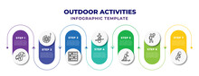 Outdoor Activities Infographic Design Template With Mushrooming, Lace Making, Checkers, Balancing, Downhill, Dealer, Sing Icons. Can Be Used For Web, Banner, Info Graph.