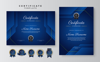 Wall Mural - Blue and white certificate of achievement border template with luxury badge and modern line pattern. For award, business, and education needs