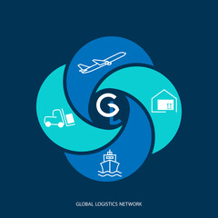 Wall Mural - Global logistics network. Map global logistics partnership connection.  Letters G and L and logistics icons for your design in blue.  EPS10.