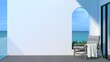 Sea view terrace. A wooden terrace of modern high-rise building with ocean view, white blank wall with a pool-side chair and white towel on it. 3D illustration.
