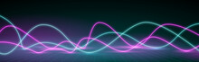 Vector Abstract Panoramic Background With Pink Blue Wavy Lines. Glowing Neon Light, Impulse Equalizer Chart In Ultraviolet Spectrum 