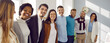 Narrow banner wide shot portrait of smiling international businesspeople show unity and leadership at workplace. Overjoyed diverse multiethnic employees team in office. Teamwork concept.