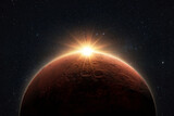 Fototapeta Kosmos - Amazing red planet Mars with sunrise rays in deep starry space. Space Wallpaper