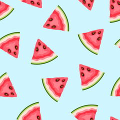 Wall Mural - Seamless pattern with watermelon fruit slices on a blue background. Vector illustration
