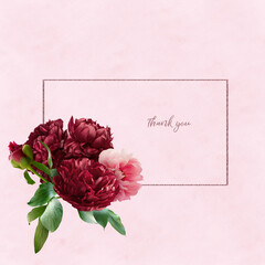 Wall Mural - Floral card with copy space. Pink and red peony on pastel textured grange background. Bouquet of garden flowers.