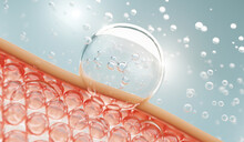 Molecule In Side Collagen Bubble And Vitamin Illustration Isolated On Soft Color Background. Concept Skin Care Cosmetics Solution. 3d Rendering.