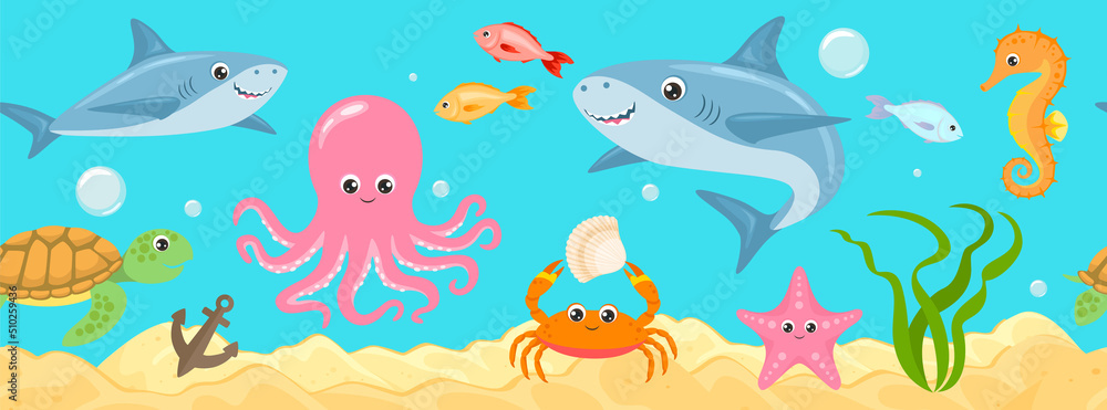 Underwater sea life seamless banner. Undersea landscape with cute shark ...