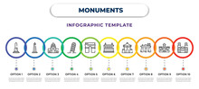 Monuments Infographic Design Template With Monument Site, National Mall, United States Capitol, Tower Of Pisa, Arc Of Triomphe, Lonja Of Zaragoza, Chiang Kai Shek Memorial Hall, Bay, Notre Dame