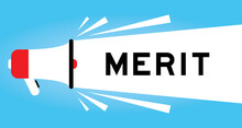 Color Megphone Icon With Word Merit In White Banner On Blue Background