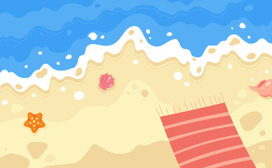 Top view beach background with beach blanket and starfish. Vector cute foaming sea water and sand illustration.