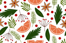 Seamless Floral Pattern With Leaves, Berries, Oranges Vector Background. Perfect For Wallpapers, Pattern Fills, Web Page Backgrounds, Surface Textures, Textile